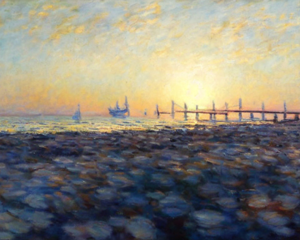 Seascape painting: Impressionist style with golden sky, distant pier, and ships on cob