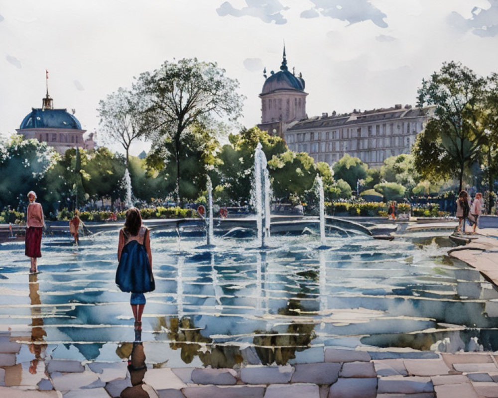 Child standing by fountain in sunny park with people and buildings