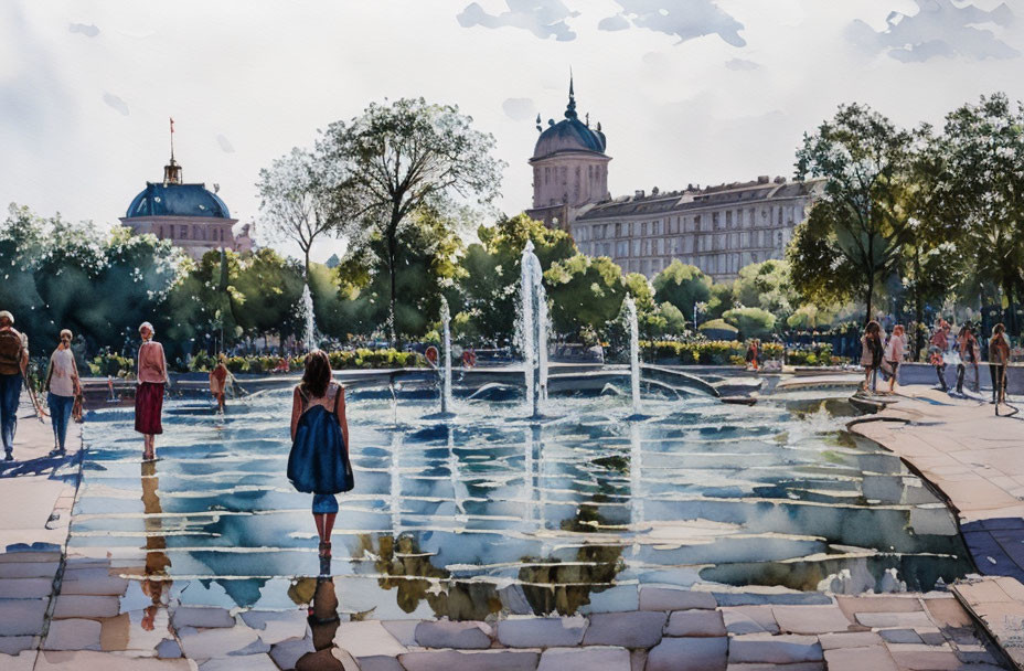 Child standing by fountain in sunny park with people and buildings