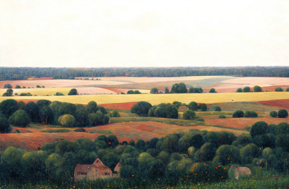 Rural landscape with agricultural fields, trees, and houses under hazy sky