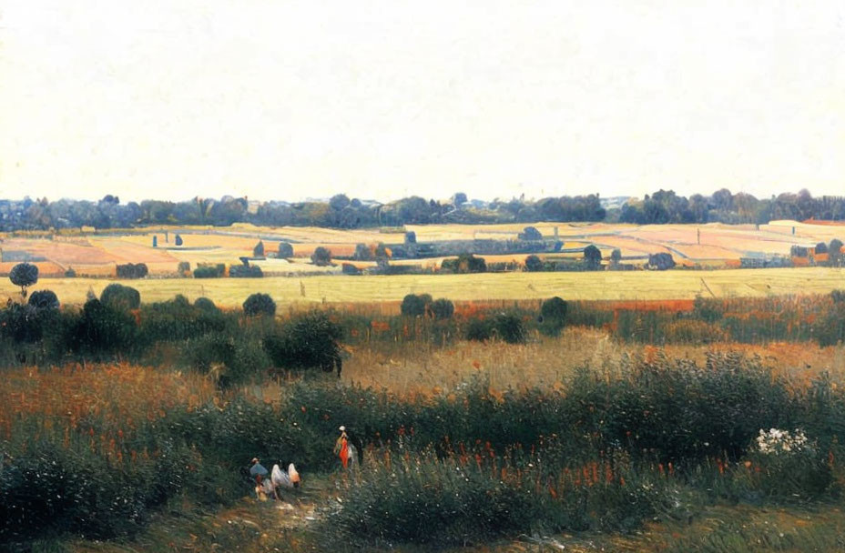 Rural landscape with people walking through fields and trees