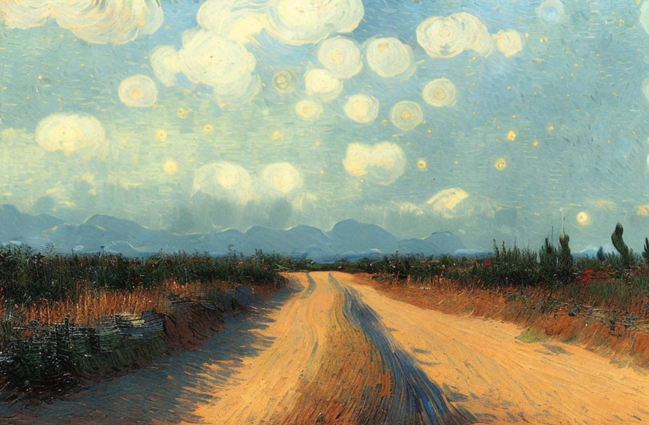 Impressionist-style painting of winding road through fields under vibrant blue sky