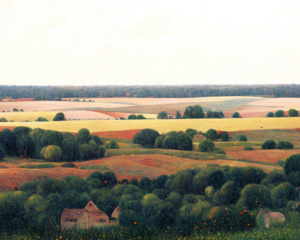 Rural landscape with agricultural fields, trees, and houses under hazy sky