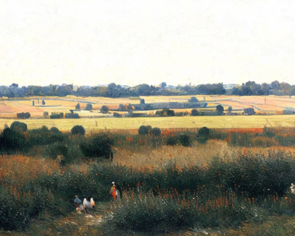 Rural landscape with people walking through fields and trees