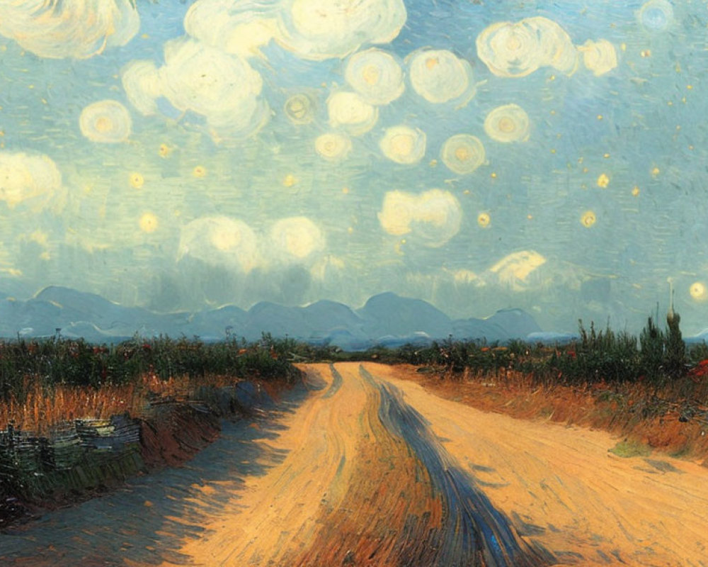 Impressionist-style painting of winding road through fields under vibrant blue sky