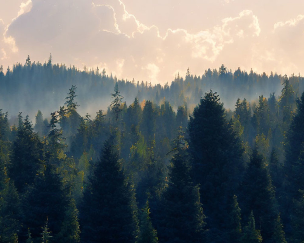 Serene forest landscape with sun rays and mist-filtered trees