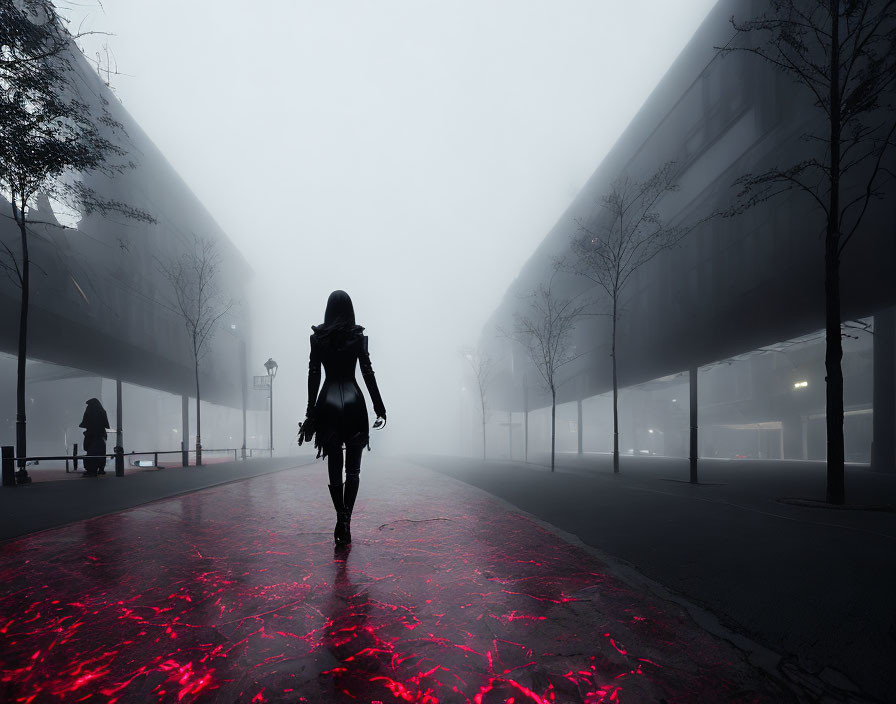 Silhouette of person on misty street with red illuminated pavement