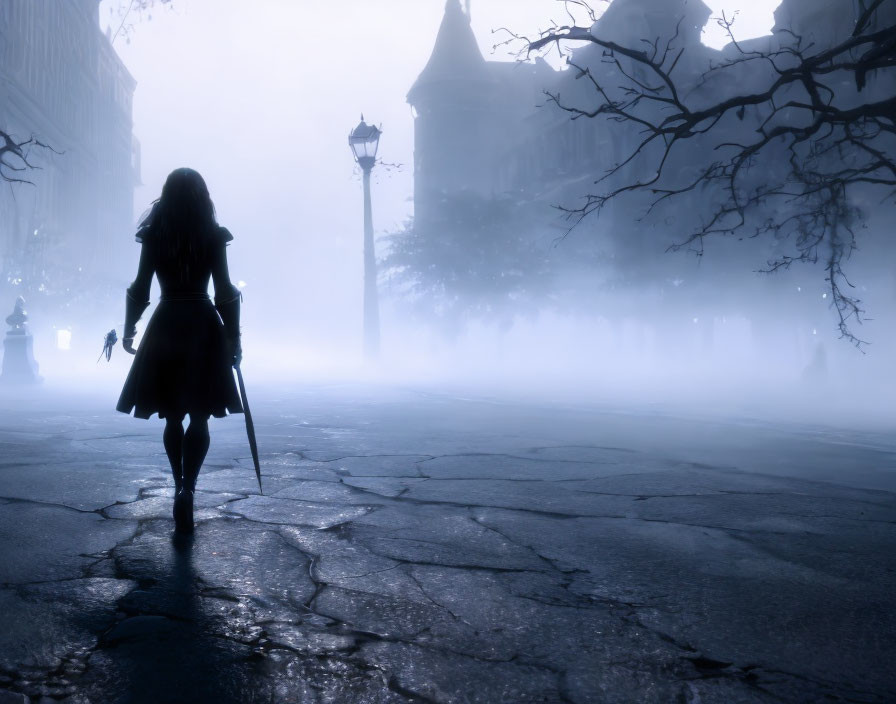 Mysterious figure with sword on foggy cobblestone street