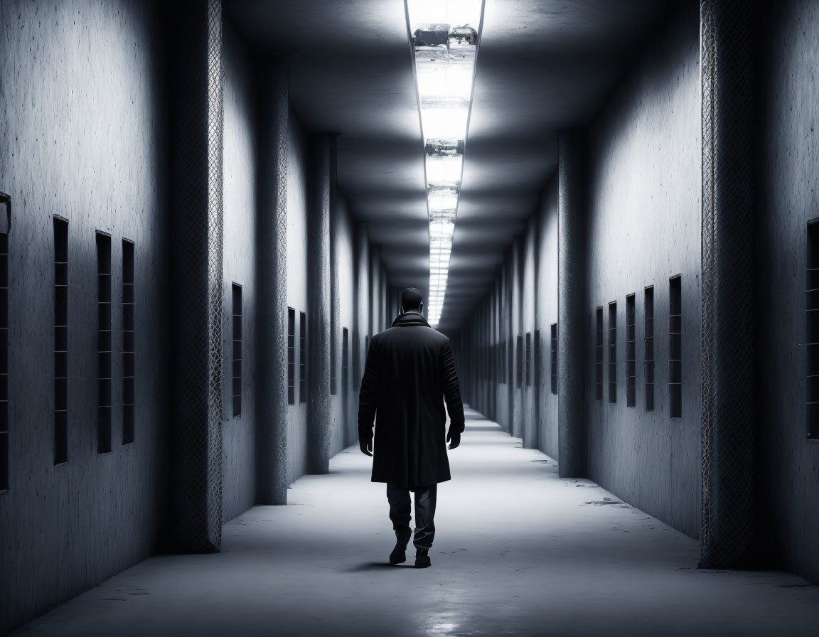 Silhouette of person walking in dimly lit corridor with doors and dramatic shadows