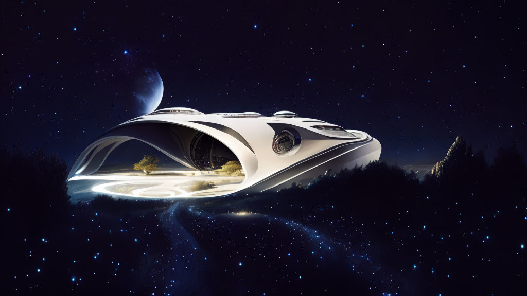 Futuristic spaceship-inspired building in starry night sky