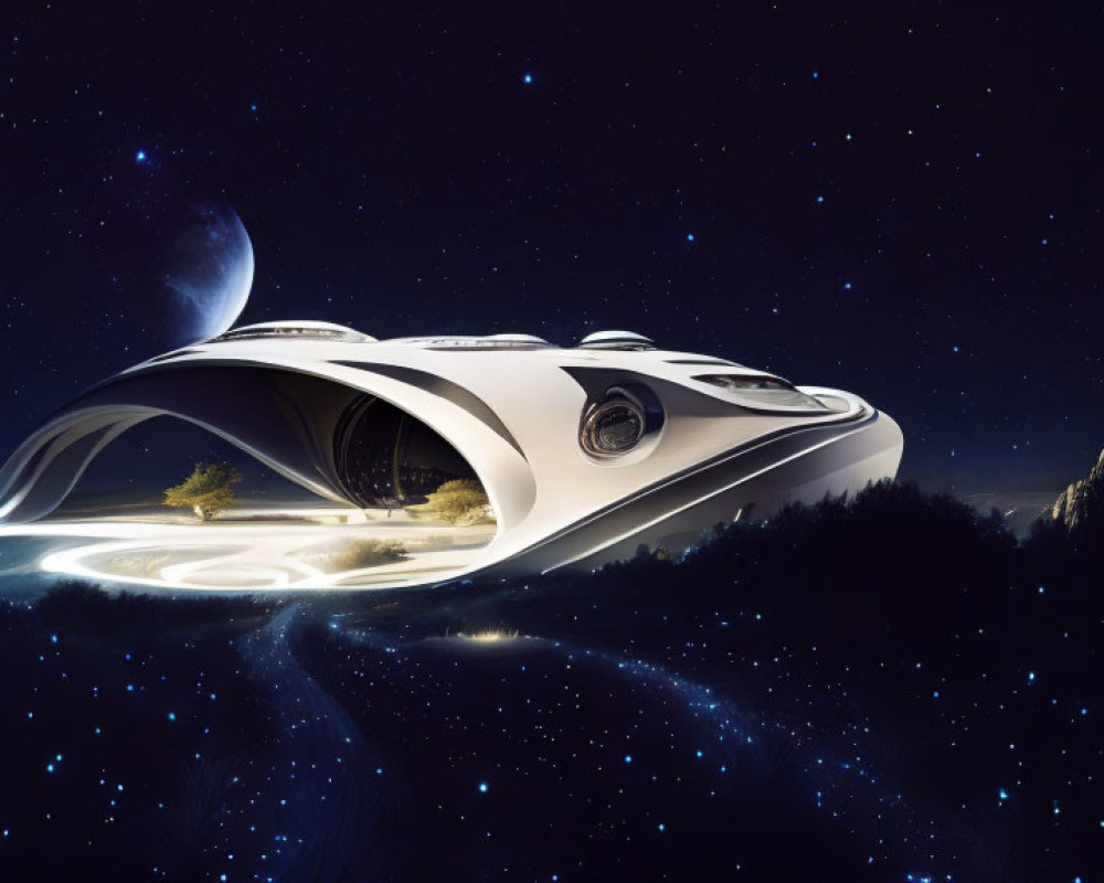 Futuristic spaceship-inspired building in starry night sky