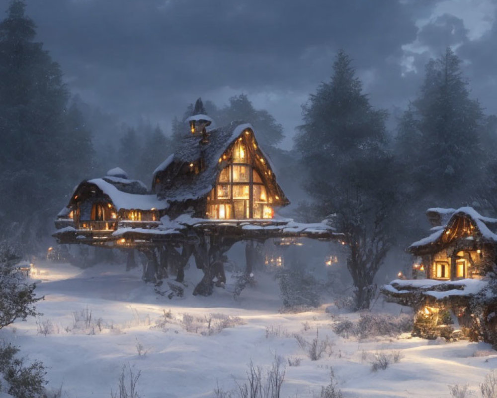 Snow-covered cottage in tranquil forest at twilight