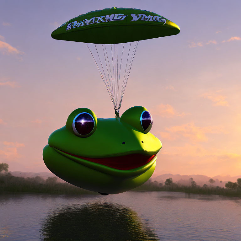 Whimsical green parachute with giant smiling frog face above water at sunset