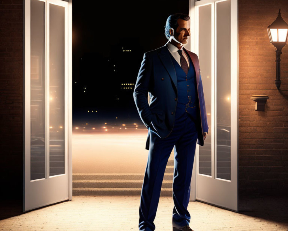 Stylish man in suit at night doorway with cityscape view