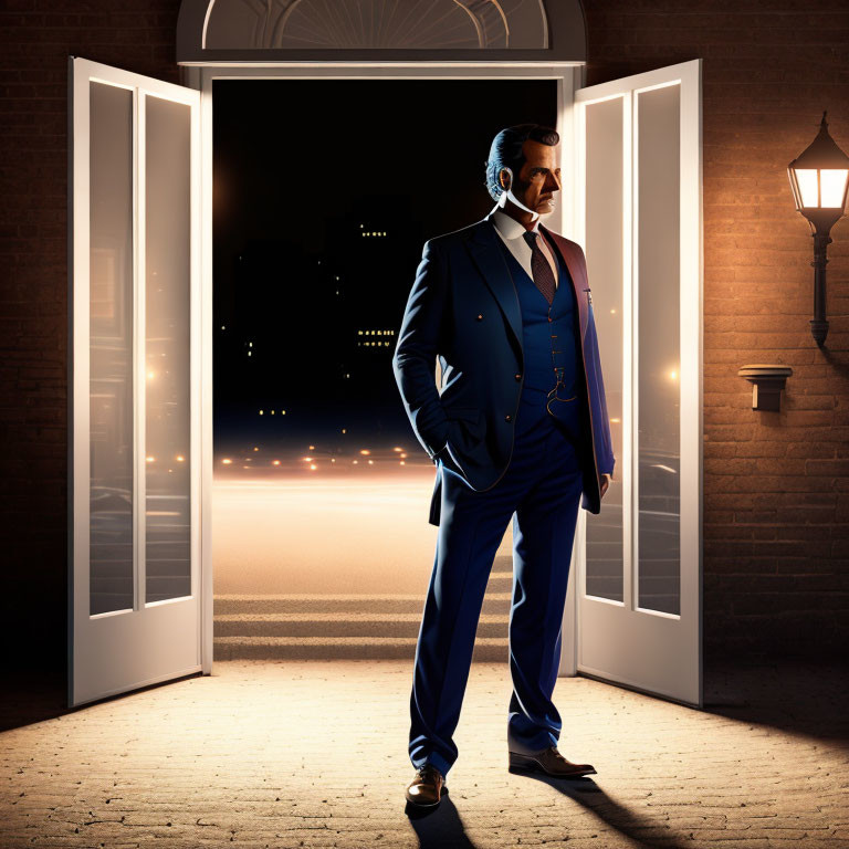 Stylish man in suit at night doorway with cityscape view