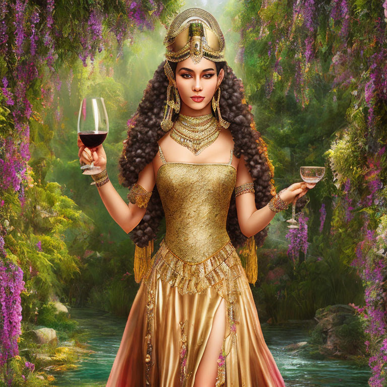 Regal woman in golden dress with wine glasses in whimsical forest setting