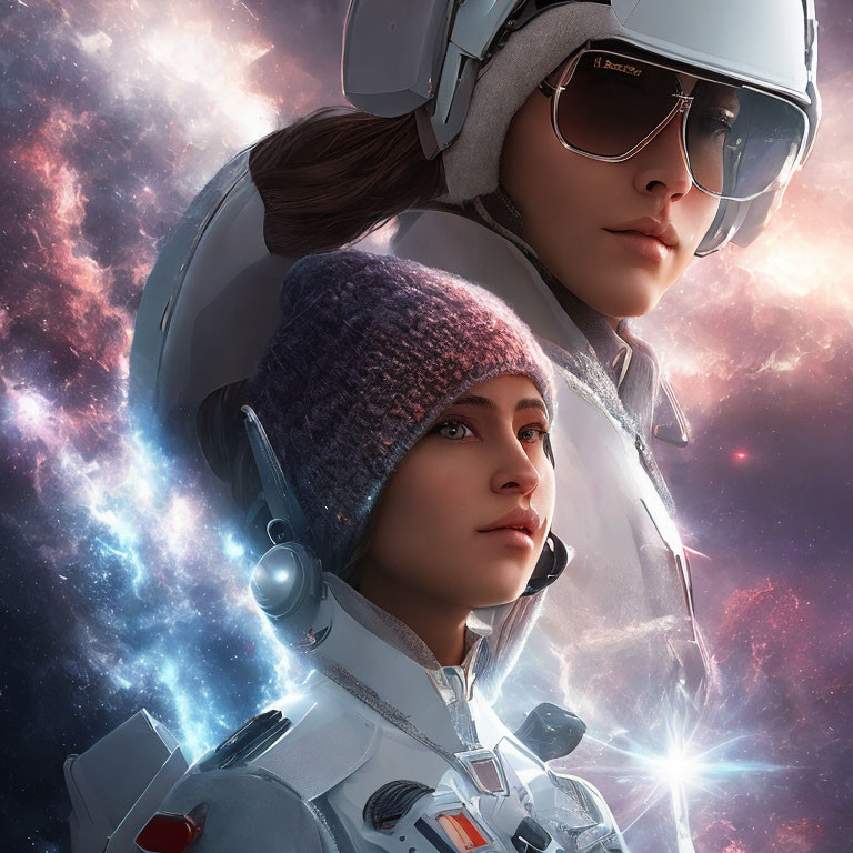 Two individuals in space helmets against cosmic backdrop, one in knit cap.