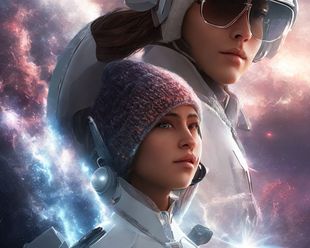 Two individuals in space helmets against cosmic backdrop, one in knit cap.