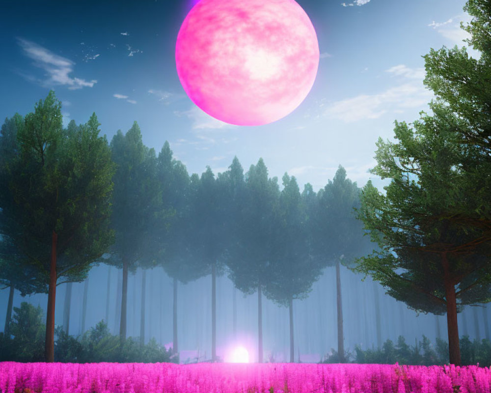 Luminous pink moon over radiant purple flowers and misty forest landscape