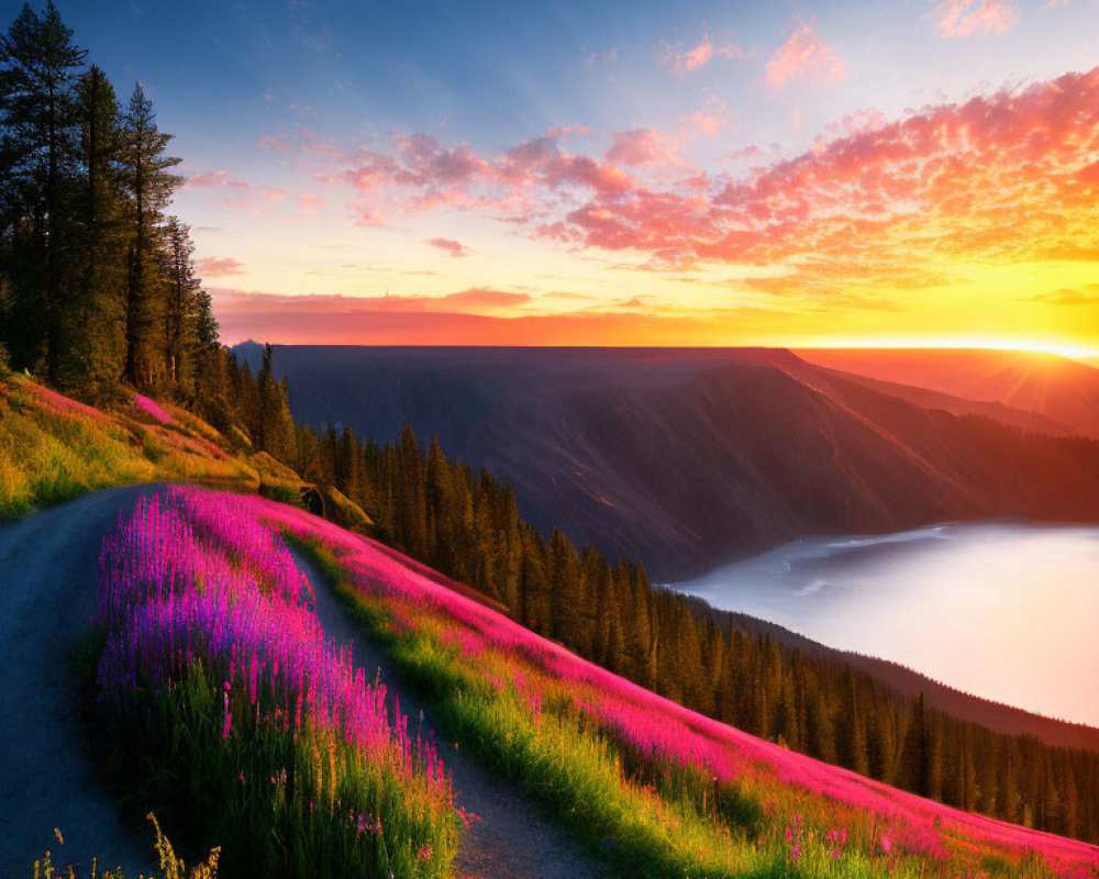 Scenic mountain road with colorful flowers and lake at sunset