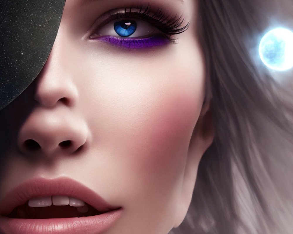 Detailed close-up of woman with striking blue eyes, purple eyeshadow, and black eye accessory