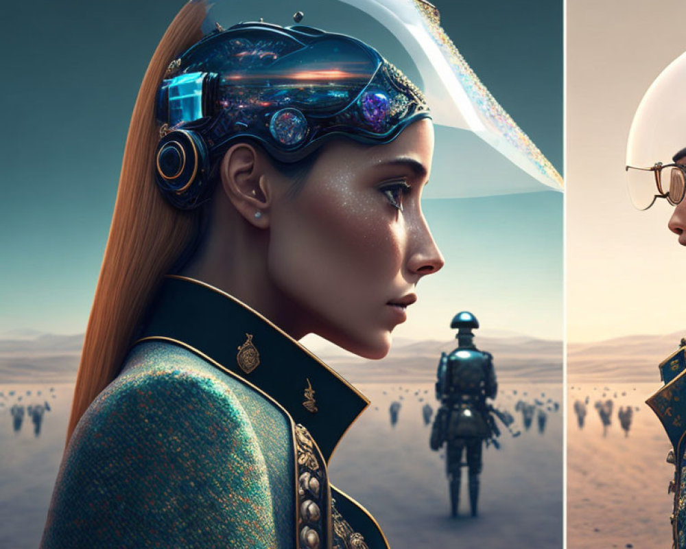 Futuristic woman with transparent visor and cybernetic enhancements in desert scene