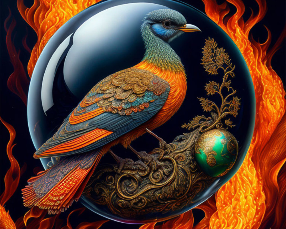 Colorful Phoenix Artwork in Glossy Sphere with Dynamic Flames