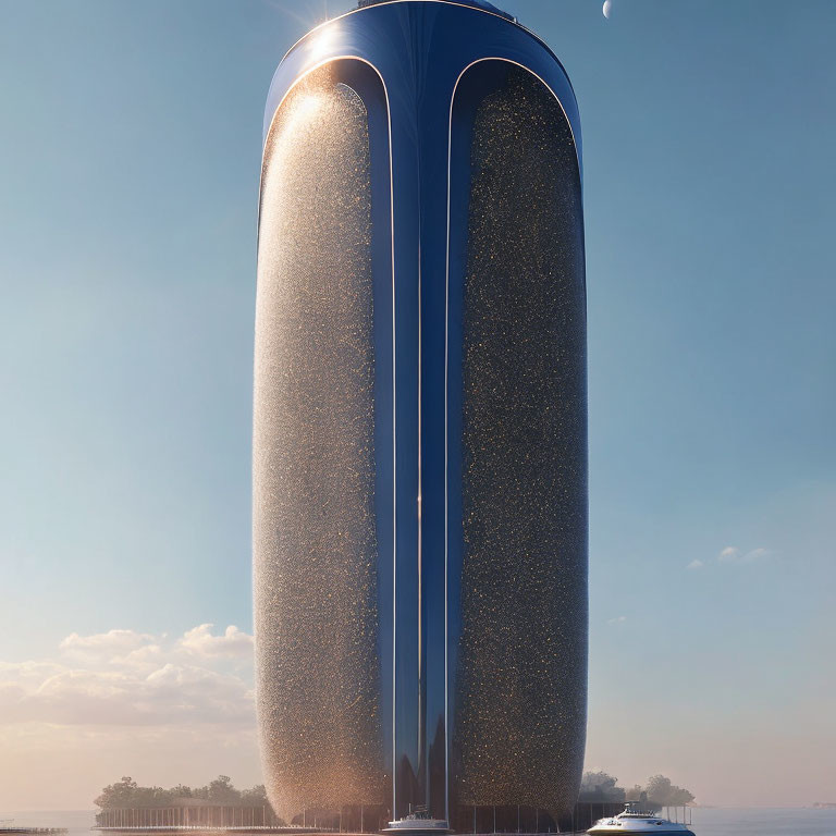 Sleek cylindrical skyscraper with reflective glass facade