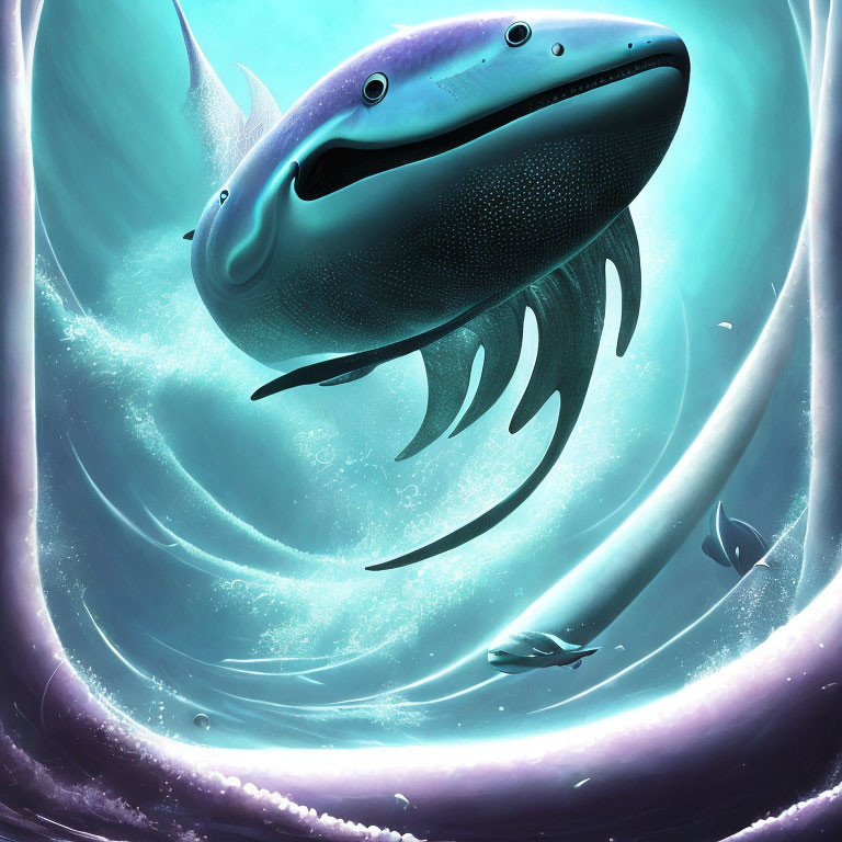 Cartoonish whale swimming in turquoise underwater scene