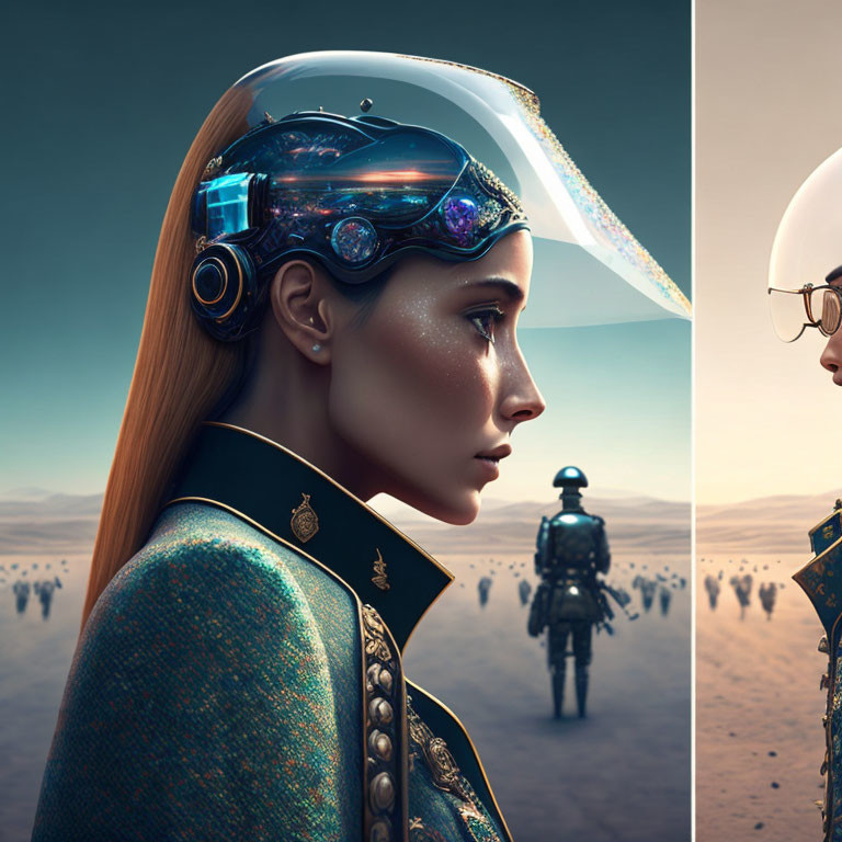 Futuristic woman with transparent visor and cybernetic enhancements in desert scene