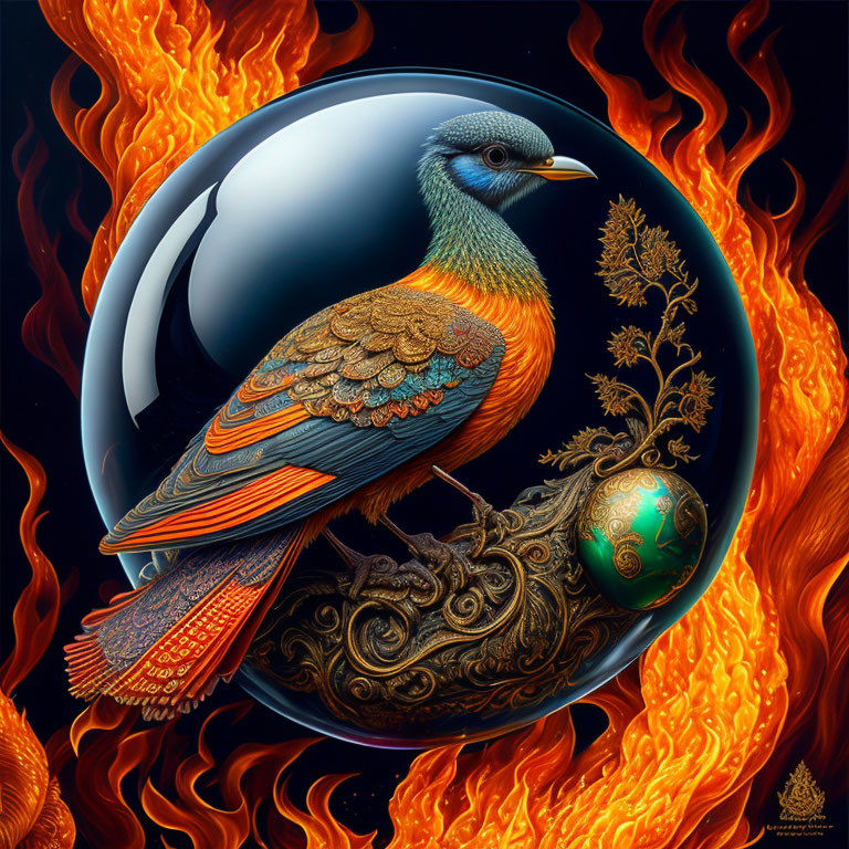 Colorful Phoenix Artwork in Glossy Sphere with Dynamic Flames