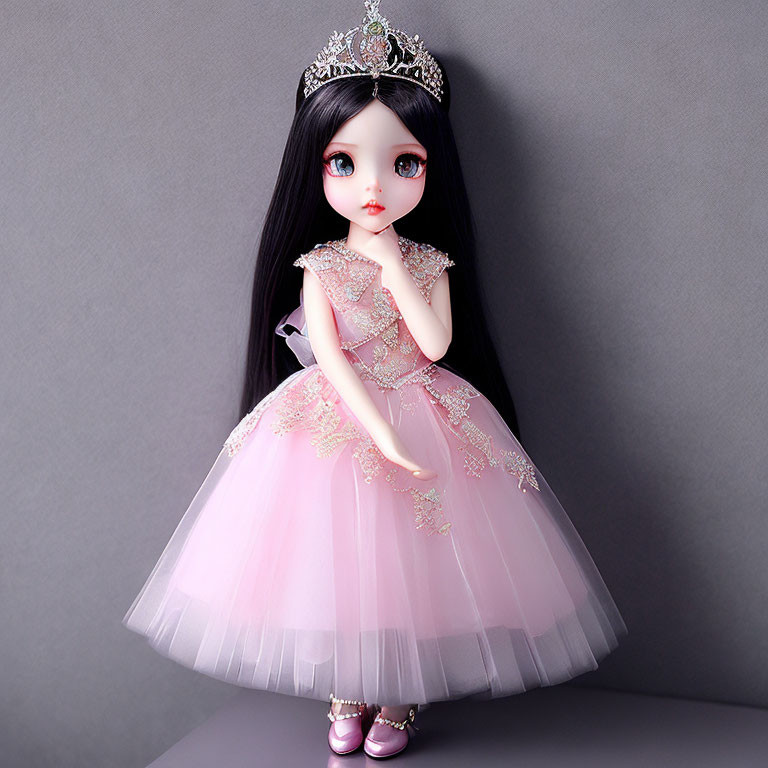 Black-haired doll in pink princess dress with tiara and golden details