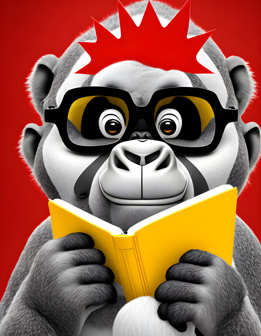 Stylized gorilla with black glasses and red mohawk reading yellow book on red background