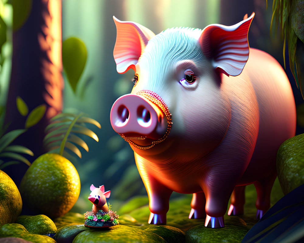 Stylized adult pig and piglet in sunlit forest landscape