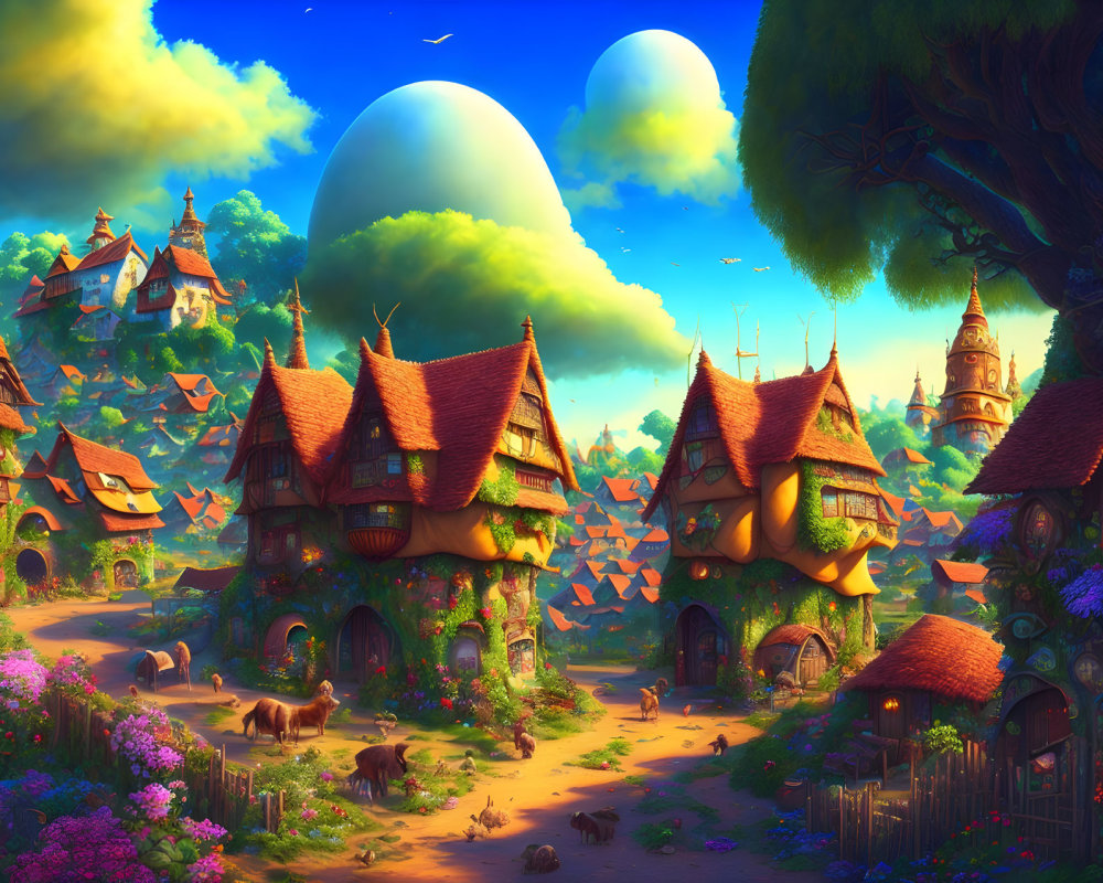 Whimsical Fantasy Village with Cottages, Animals, and Twin Moons