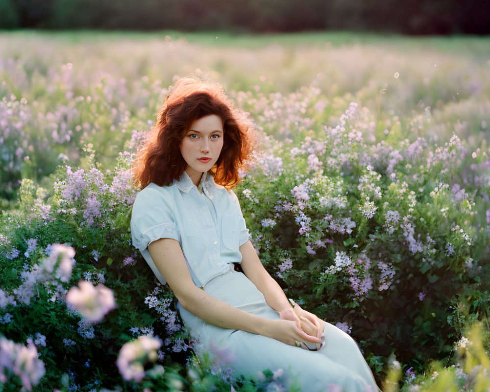 Curly Red-Haired Woman in White Blouse Sitting in Field of Purple Flowers