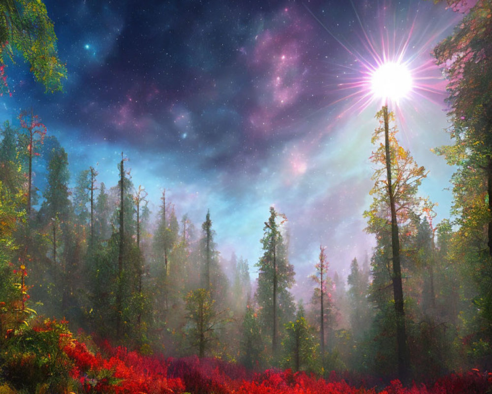 Vibrant forest with red foliage under starry sky and sunlight piercing through