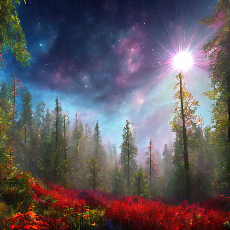 Vibrant forest with red foliage under starry sky and sunlight piercing through