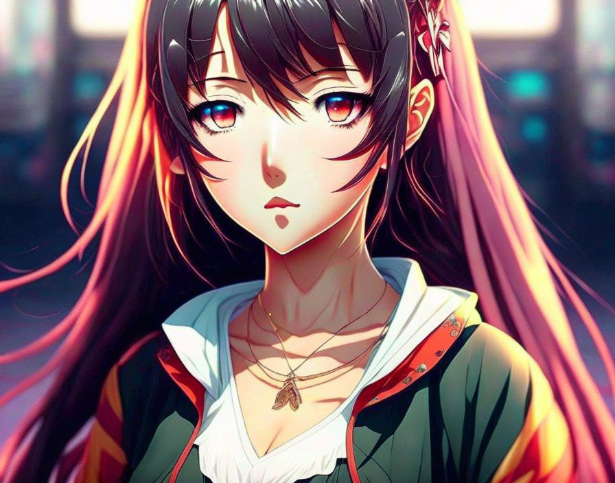 Anime-style illustration of girl with long dark hair, blue eyes, serious expression, school uniform.