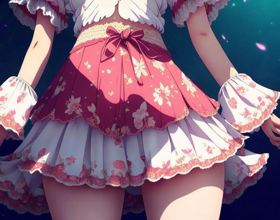 Animated character in red and white frilly skirt and gloves on dark background