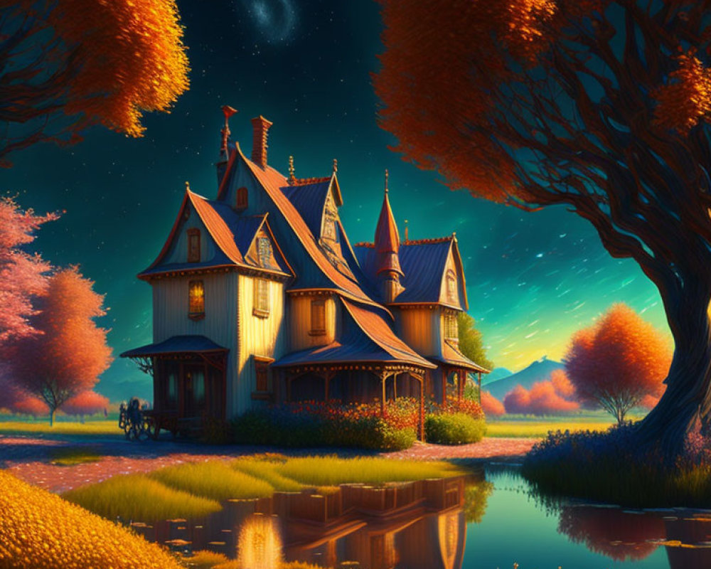 Victorian house in autumn twilight with crescent moon and pond reflections