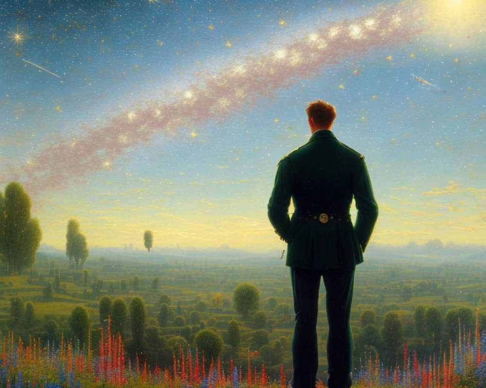 Man in suit gazes at starry sky over colorful flower field