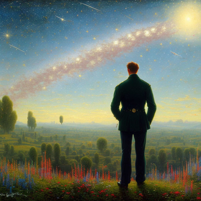 Man in suit gazes at starry sky over colorful flower field