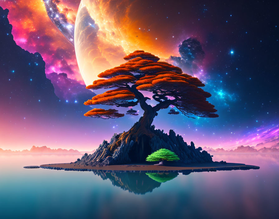 Surreal landscape with lone baobab-like tree on islet under starry sky and giant