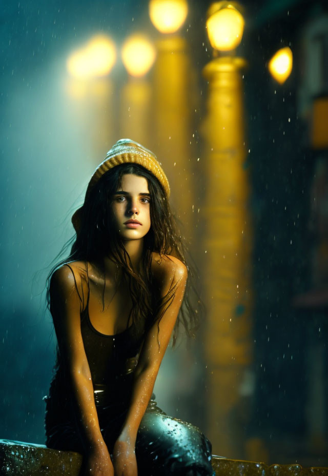 Young woman in beanie sitting in rain under street lamps