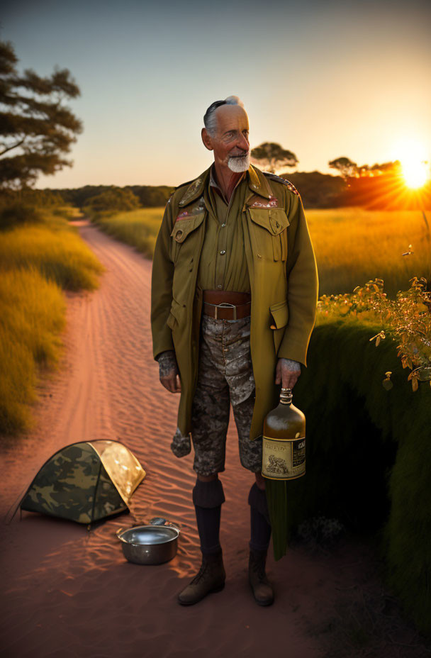 Elderly man at sunset with bottle, tent, and dog bowl