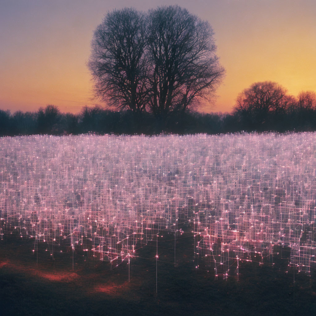 Twilight scene: Fiber optic lights in field with silhouetted trees