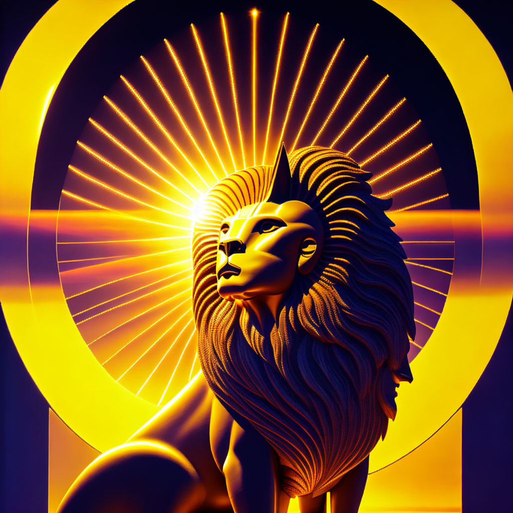 Stylized lion's head with woman's face in golden and purple colors