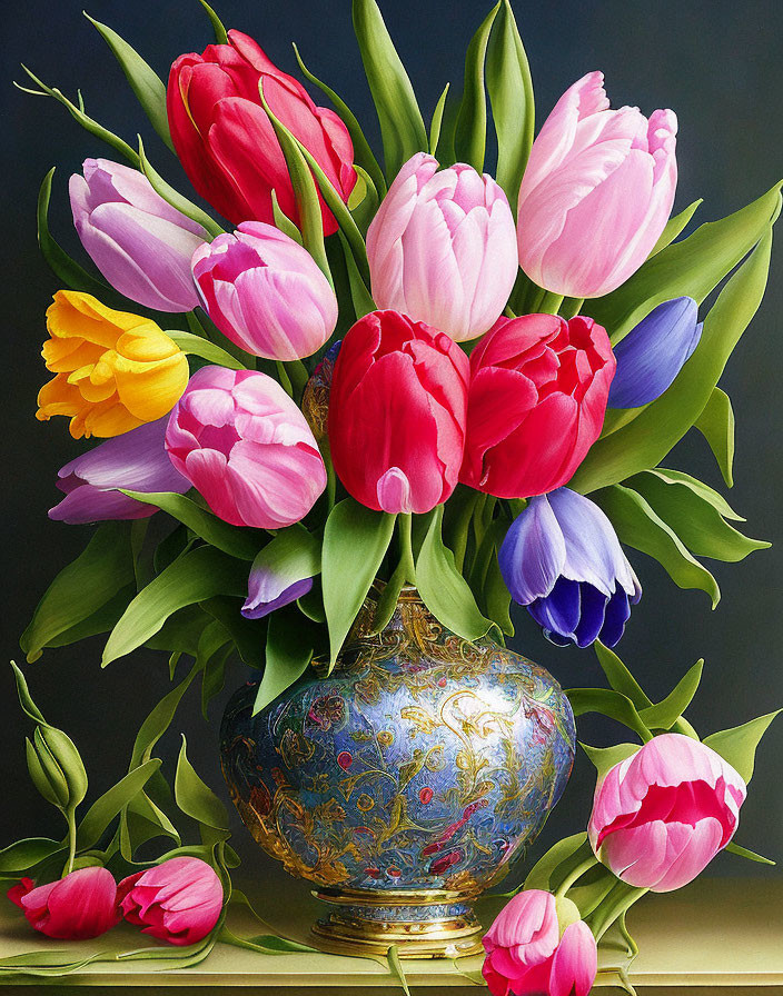 Multicolored tulips in blue and gold vase on dark background