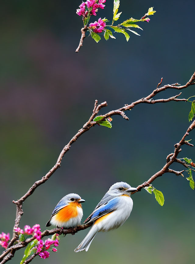 Colorful Birds on Flowering Branch with Pink Blossoms and Green Leaves